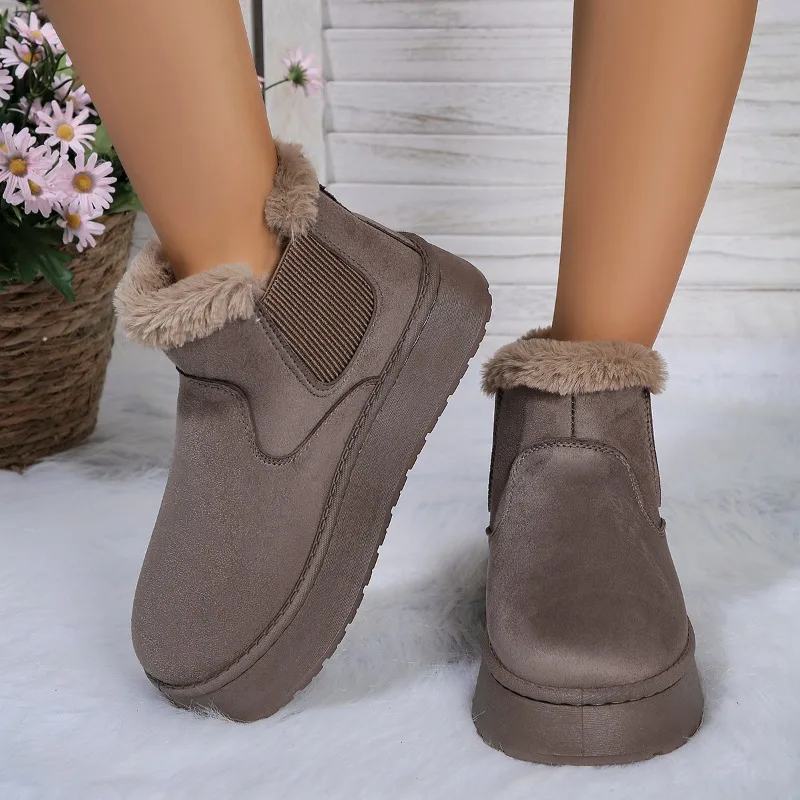 Botas de nieve de felpa para Mujer, zapatos planos impermeables, cálidos, antideslizantes, informales, sin cordones, Invierno