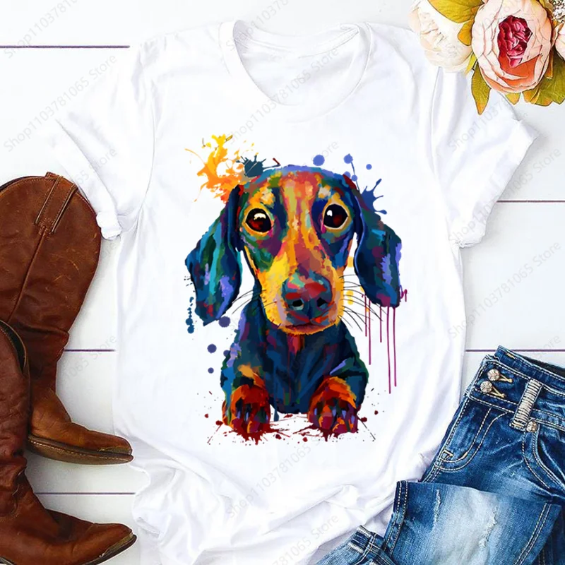 Dachshund Teckel Cute Dog T-shirt for Women Short Sleeve Casual Tops Ladies  Anime T Shirt Printed White T Shirt Women Tees