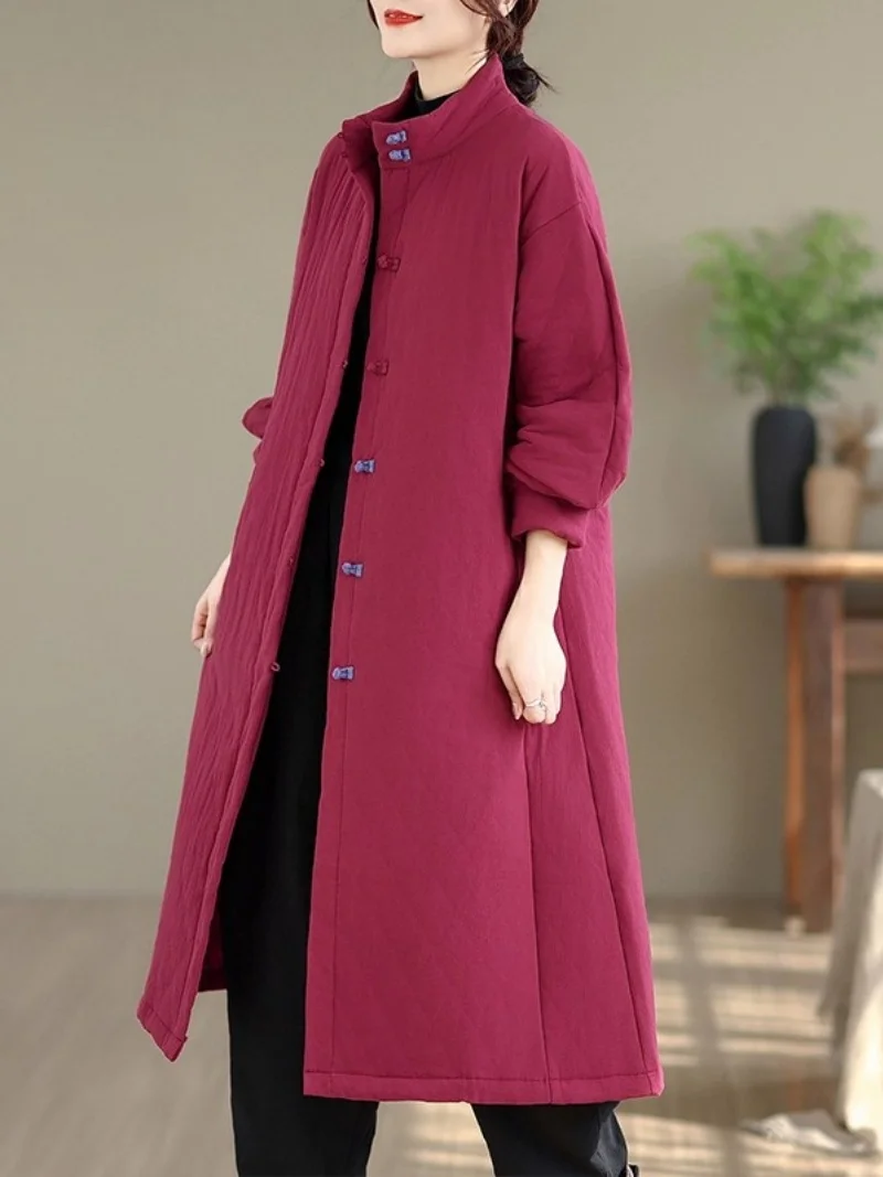 

Новинка 2025 года, хлопковая одежда в китайском стиле для женщин, осенне-зимняя свободная и длинная куртка с пряжкой, ветровка с подкладкой, верхняя одежда w1054