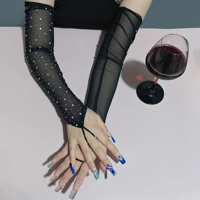 Women Sexy Gloves 1 pair Glitter Rhinestone Elasticity Mesh Hook Finger Long Gloves Flash Drilling Cosplay Nightclub Cosplay