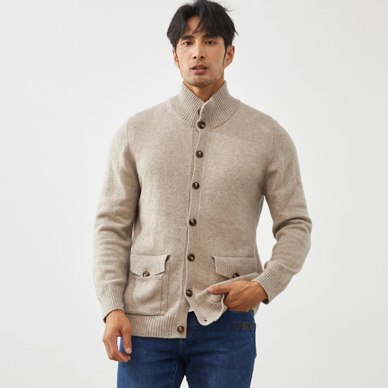 MVLYFLRT 100%Goat Cashmere Cardigan Men\'s Standing Neck Coat Autumn and Winter Thickened Large Knitted Loose Jacket New Warm Top