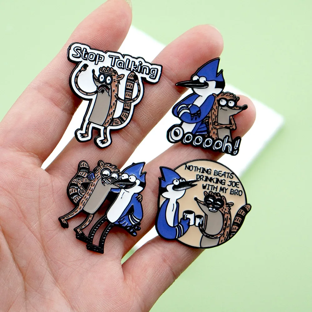 4Pcs Vintage Regular Show Cartoon Brooch Set Mordecai Rigby Enamel Pins Funny Women Lapel Badge For Jeans Fans Collectible Gift