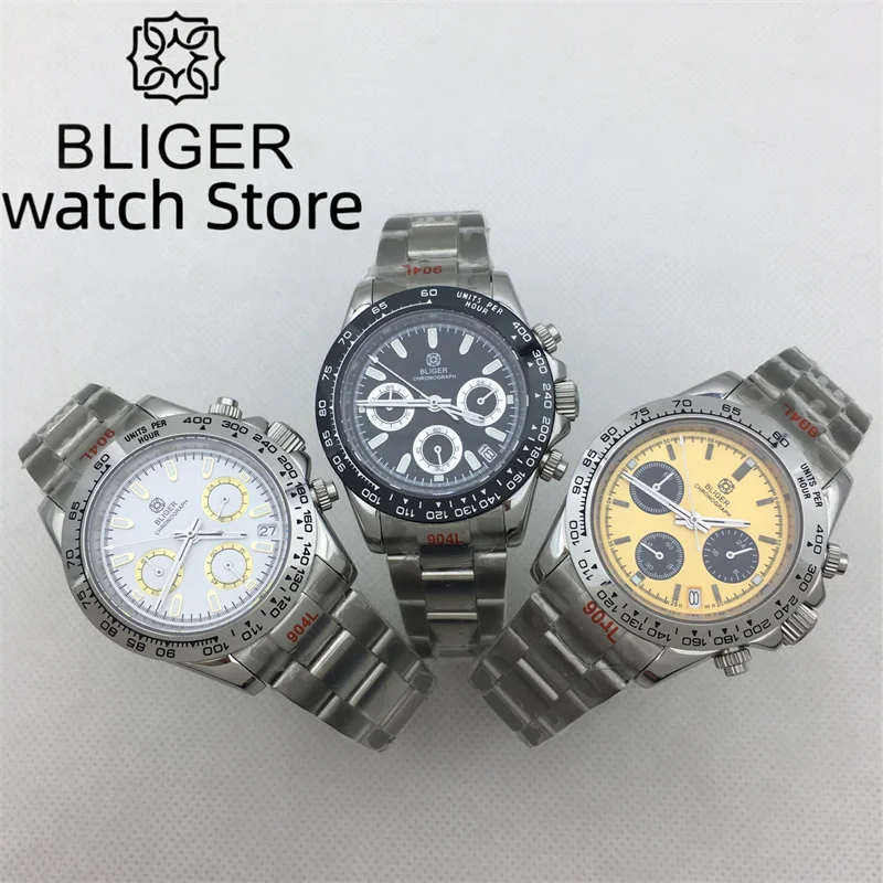 BLIGER 39MM Quartz Watch Men's VK63 Movement luminous dial sapphire glass waterproof multi-functional stainless steel strap