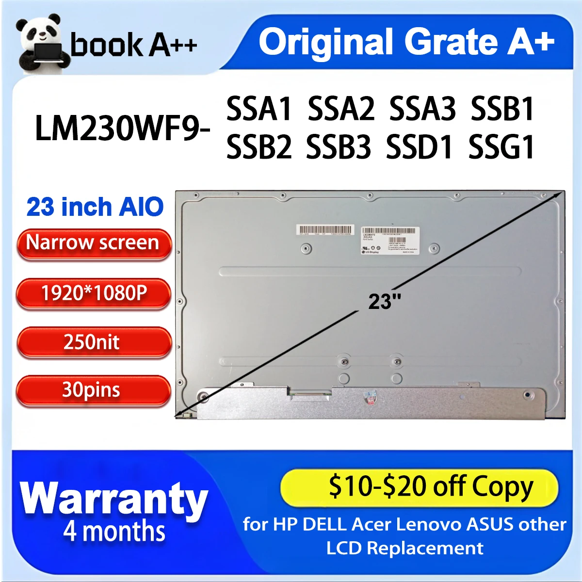

Original New 23" LM230WF9 SSA1 SSA2 SSA3 SSB1 SSB2 SSB3 SSD1 SSG1 for HP Lenovo Acer ASUS Dell AIO LCD Screen Display