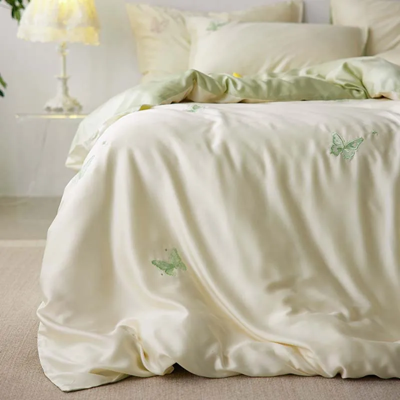 Class A summer 60 Lenzing Tencel four-piece butterfly embroidery small fresh ice silk nude bed sheet quilt cover 4