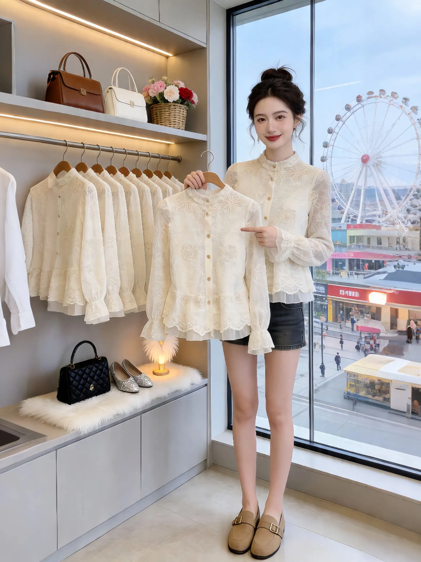 

Elegant Embroidered Lace Shirt Women's Fashionable Design Korean Style Long Sleeve Button up Casual Shirt Premium Quality