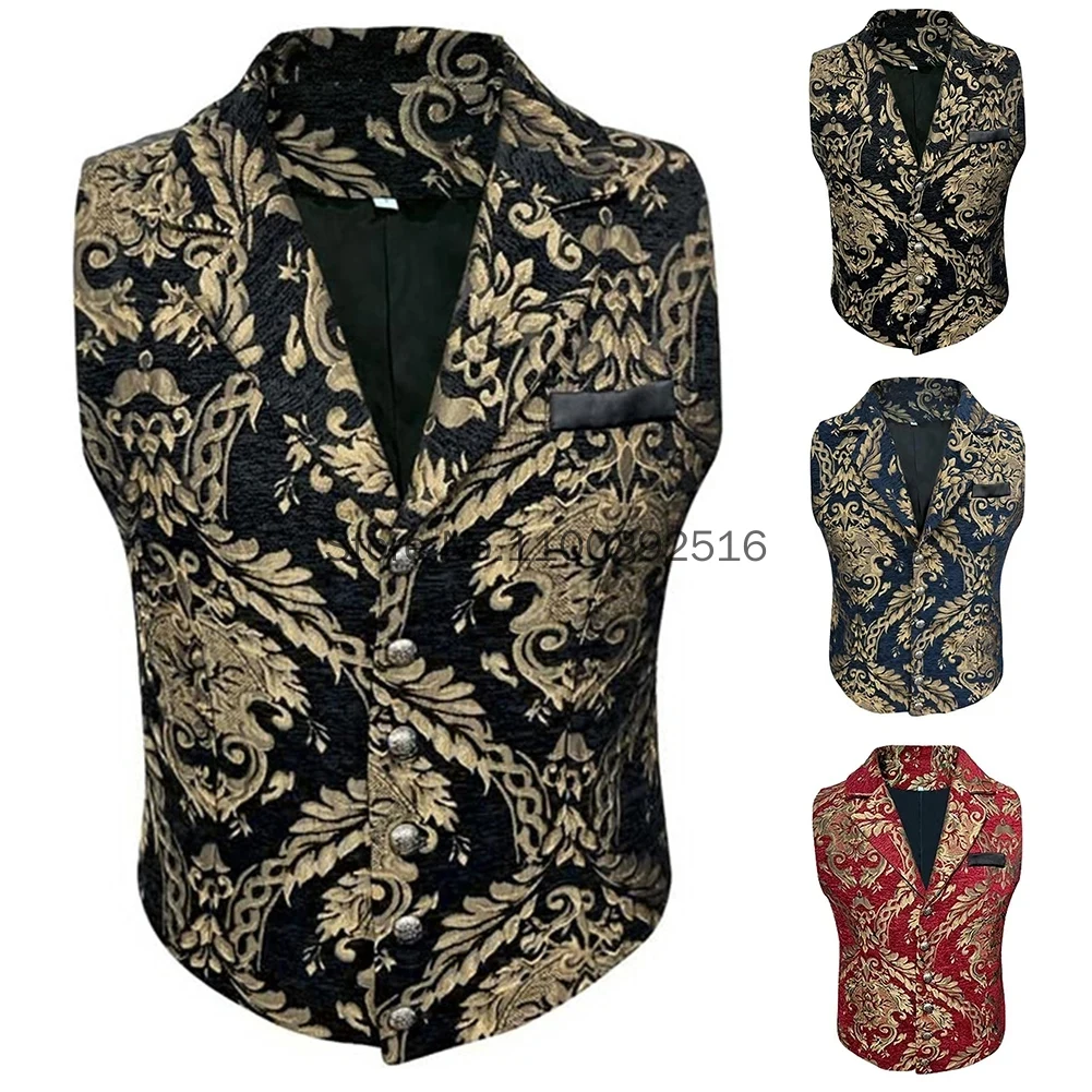 Formal Mens Waistcoat Medieval Gothic Steampunk Decorative Pattern Vest Victorian Cosplay Waistcoat for Wedding Business Suit