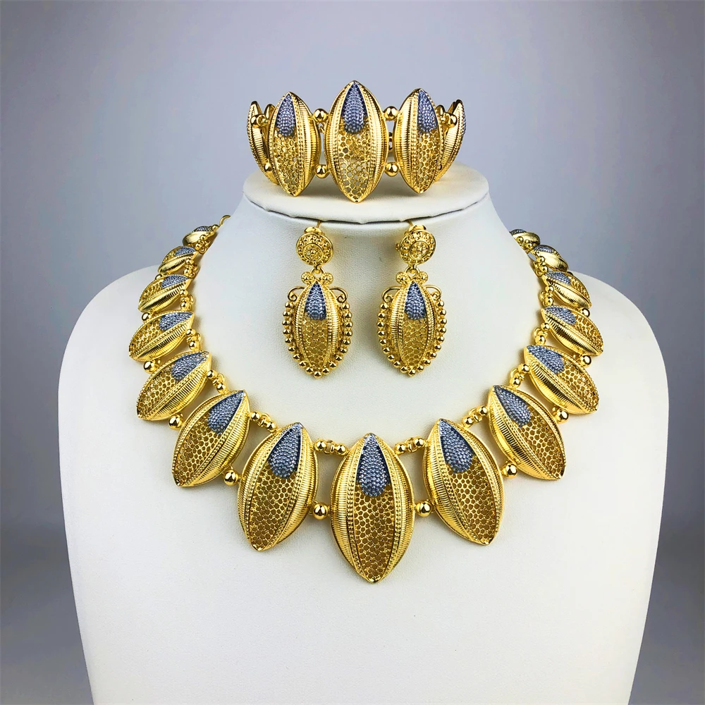 

ESALE Luxury Shine Plated Heavy Necklace Earrings Bracelet Ring Set for Women Dubai Noble Charms Jewelry Gift for Party Wedding