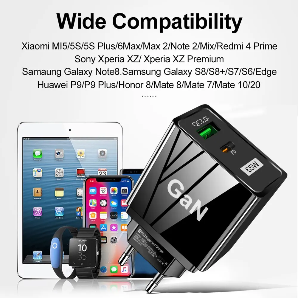 USLION 65W GaN Charger EU KR Plug Adapter Laptop Snel opladen voor iPhone USB Type C Snellader Mobiele Telefoon USB-oplader