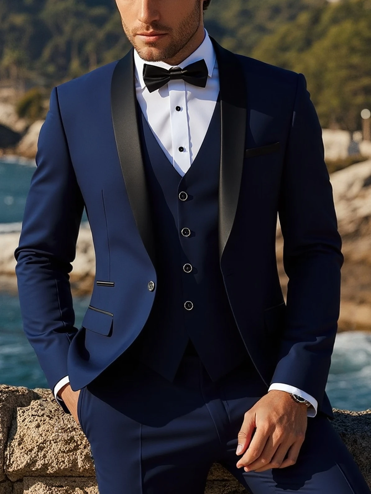Shawl Lapel Men 3pcs Suit Set Regular Fit Solid Outfit for Wedding Business Banquet Party