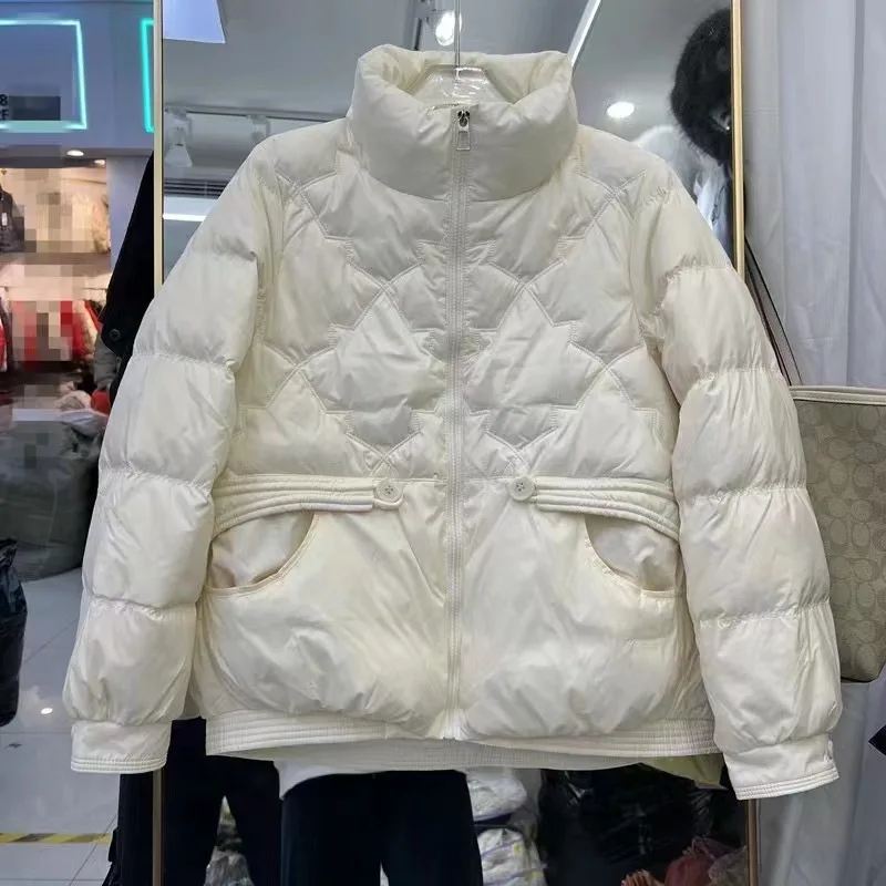 Women's Stand Collar White Duck Down Jacket for Autumn and Winter Long Sleeve Zip Pocket Down Coat