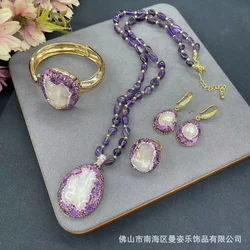 Natural baroque special-shaped pearl inlaid amethyst gravel set, French vintage niche medieval jewelry