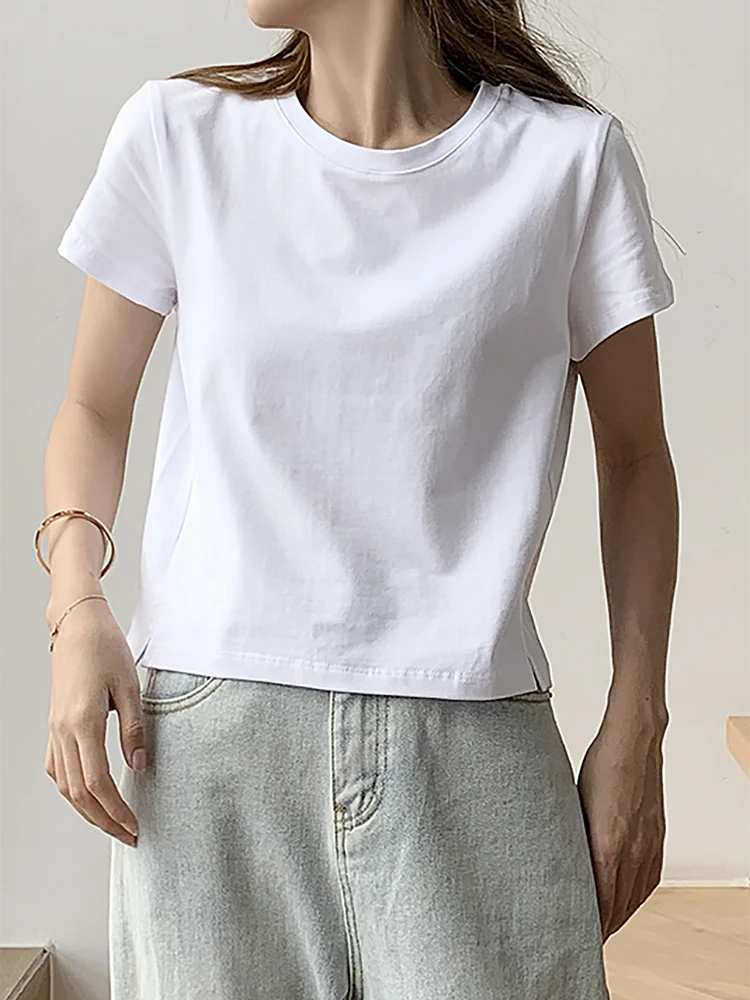 Camiseta Feminina Amarela de Algodão Solta de Manga Curta, Gola Redonda, com Design Dividido, Blusa Básica Curta, Confortável...