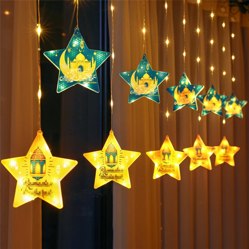 AA84 EID Mubarak Ramadaled Star Moon Stringhe di luci colorate Decorazione per ambienti interni Hanukkah Luce per tende USB, pregevole fattura