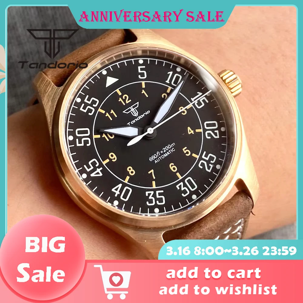 Tandorio CUSN8 Bronze/Stainless Steel 200m Pilot PT5000 NH35A Automatic Dive Men Watch Sapphire Glass Black Dial Leather Strap