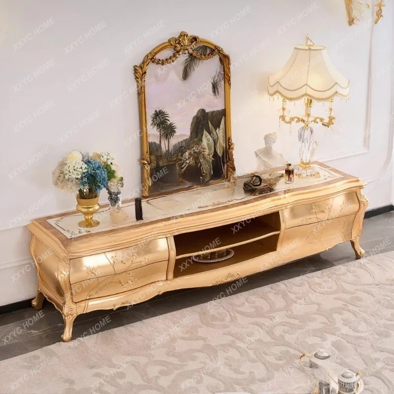Q High-end villa living room, solid wood TV cabinet, hand-painted floor-to-ceiling storage side cabinet