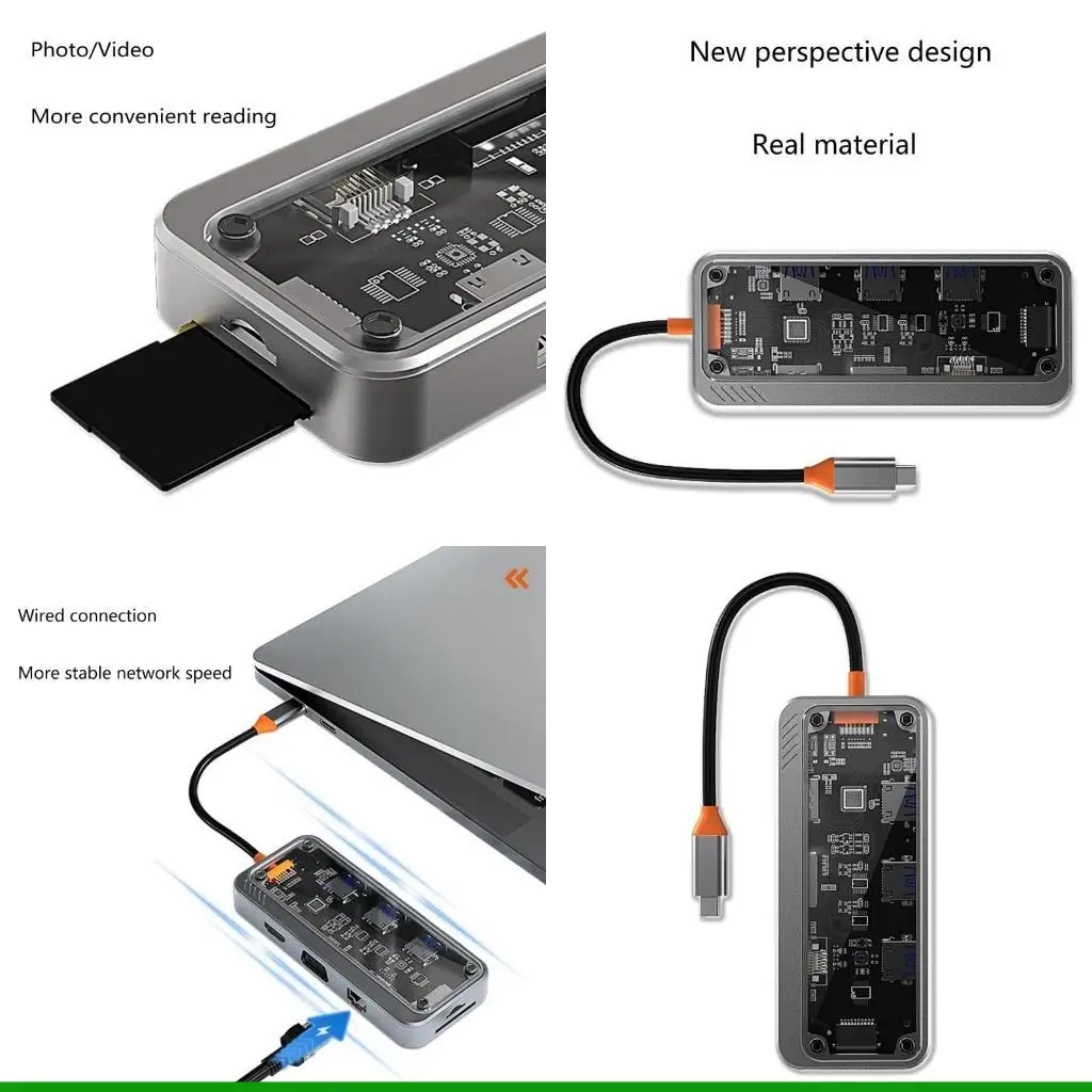 U55C 10 in 1 USB C Hub Docking Station Type-C to VGA USB3.0 USB2.0x2 TF RJ45 PD100W 3.5mm Wireless Charging
