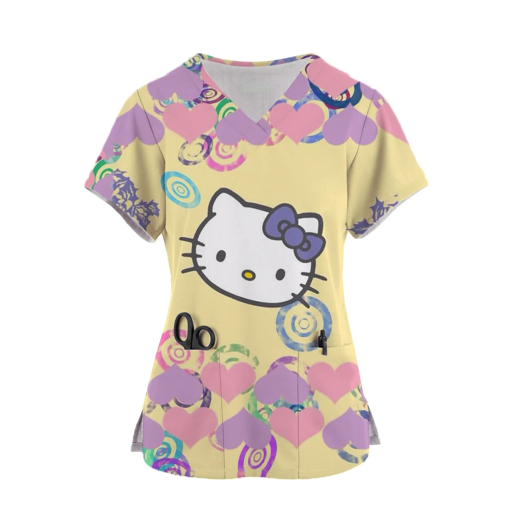 Womens Cartoon Hello Kitty Print Kawaii Nurse Uniform Scrubs Tops Short Sleeve Pocket Overalls Uniforms Medical Nursing Blouse