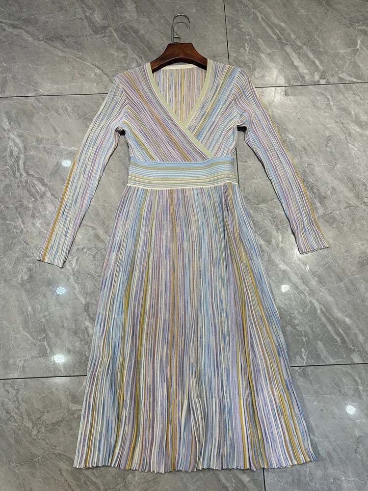 Spring Summer Fashion Vintage Gold Thread Knitting Elegant Midi Dress Women's V-Neck High Waist Long Sleeve High Slit Dress