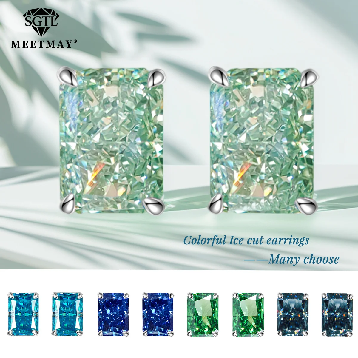 

Premium S925 Sterling Silver Stud Earrings: Rectangular Ice-Cut Mint Green Zircon with High-Carbon Diamond Elegant Fine Jewelr