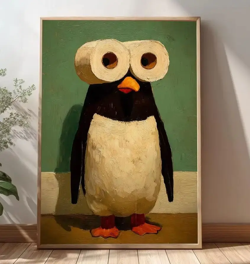 Funny Penguin Toilet Wall Art: Tissue Roll Binoculars Print