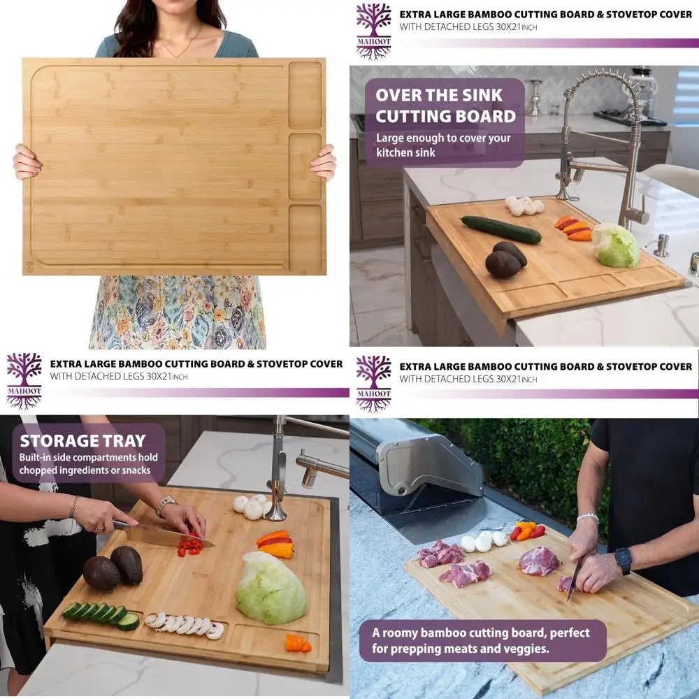 

Large Bamboo Noodle Board with Stove Cover, Detachable Legs, Deep Juice Groove, Butcher Block, Multi-Purpose Kitchen Tool