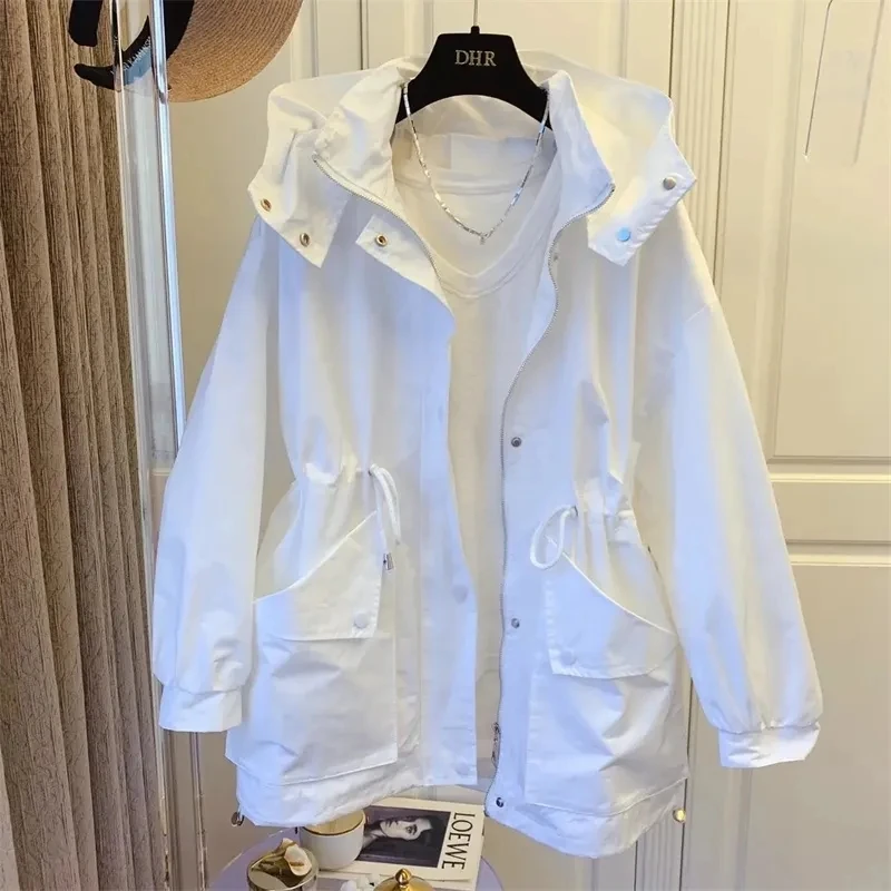 

Women's Jacket 2025 Spring Hooded Loose Windbreaker Long Sleeve Basic Coat Female Pocket Zipper Outerwear