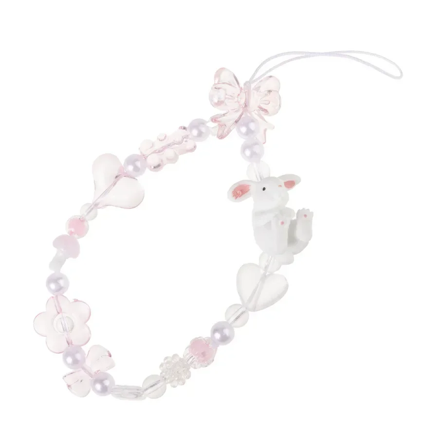 

Pink Bowkont Beads Phone Chain Sweet Cool Love Rabbit Hanging Rope Camera Lanyard Anti-lost Wrist Straps Bag Accessories