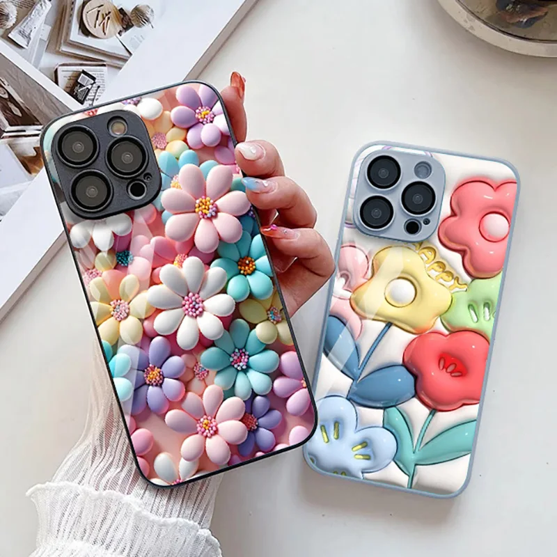 Candy Color Flower Tempered Glass Case For iPhone 15 Cover iPhone 11 14 15 12 13 Pro Max X XR XS Max 7 8 14 Plus SE 2020 Funda