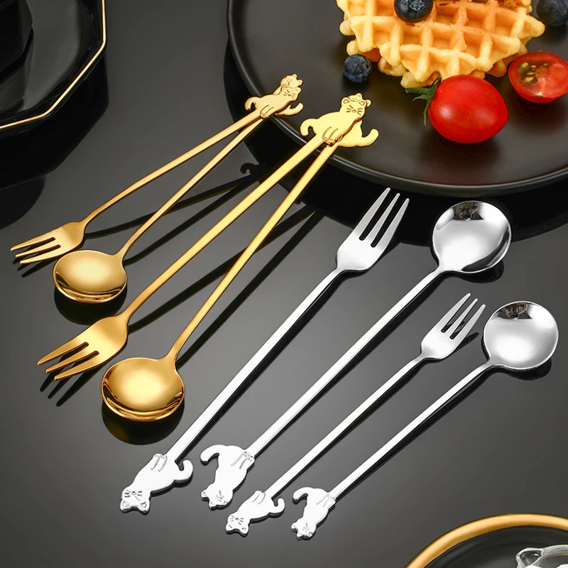 

Stainless Steel Long Handle Coffee Spoon Cat Shape Metal Tableware Fruit Fork Dessert Tea Spoon Mixing Scoop for Kitchen Cutlery