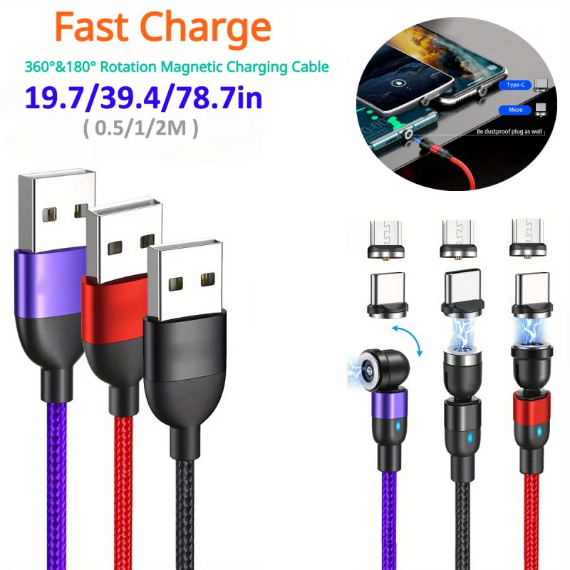 

540° Rotating Magnetic Charging Cable USB Nylon Braided Phone Charger for Type C - Durable High-Speed Data Sync Cord