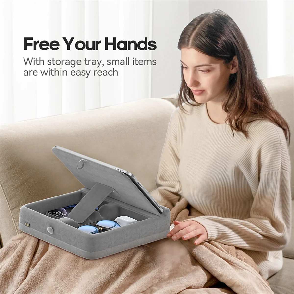 DQ2G Tablet Pillow Stand with Storage Foldable Holder Angle Adjustable Soft Pad Dock for Bed and Laptop and Desk Gray