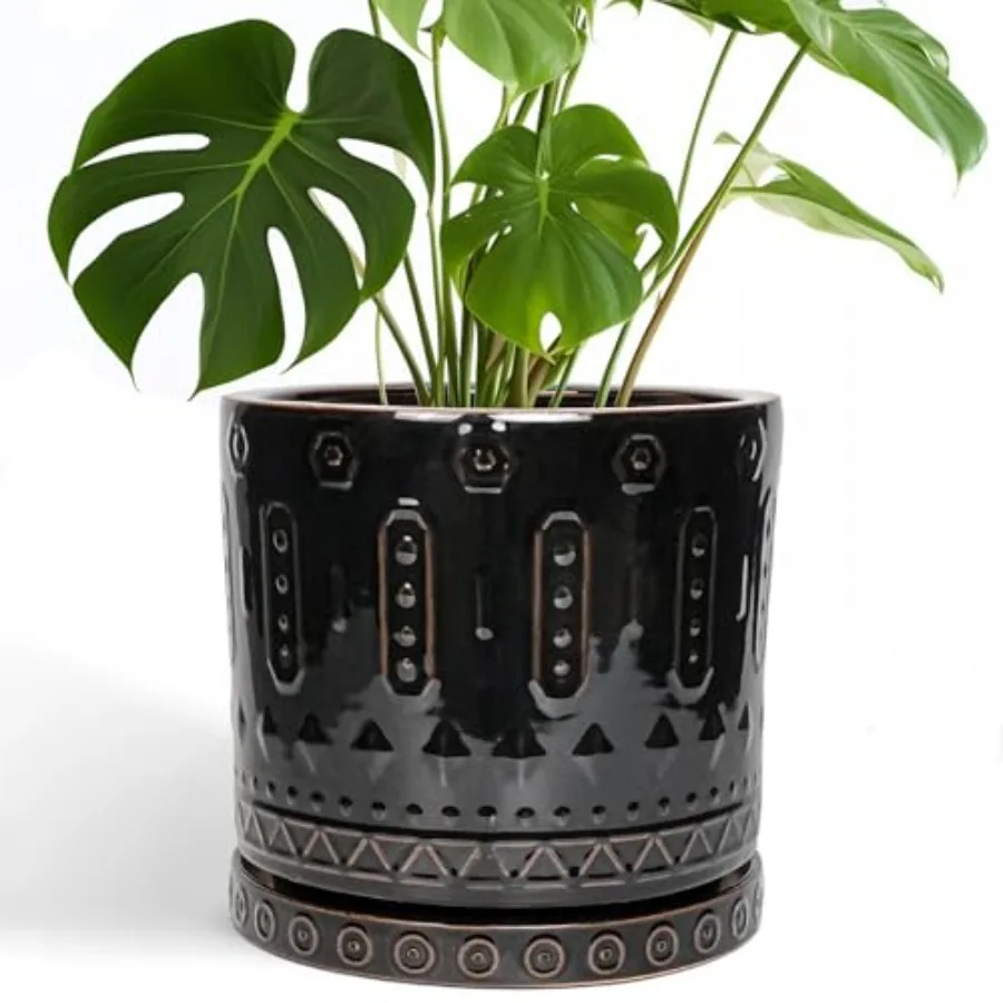 

Ceramic Planter for Indoor Plants - 10 Inch Plant Pots with Drainage Hole and Saucer Round Decorative Flower Pots Outdoor Boho