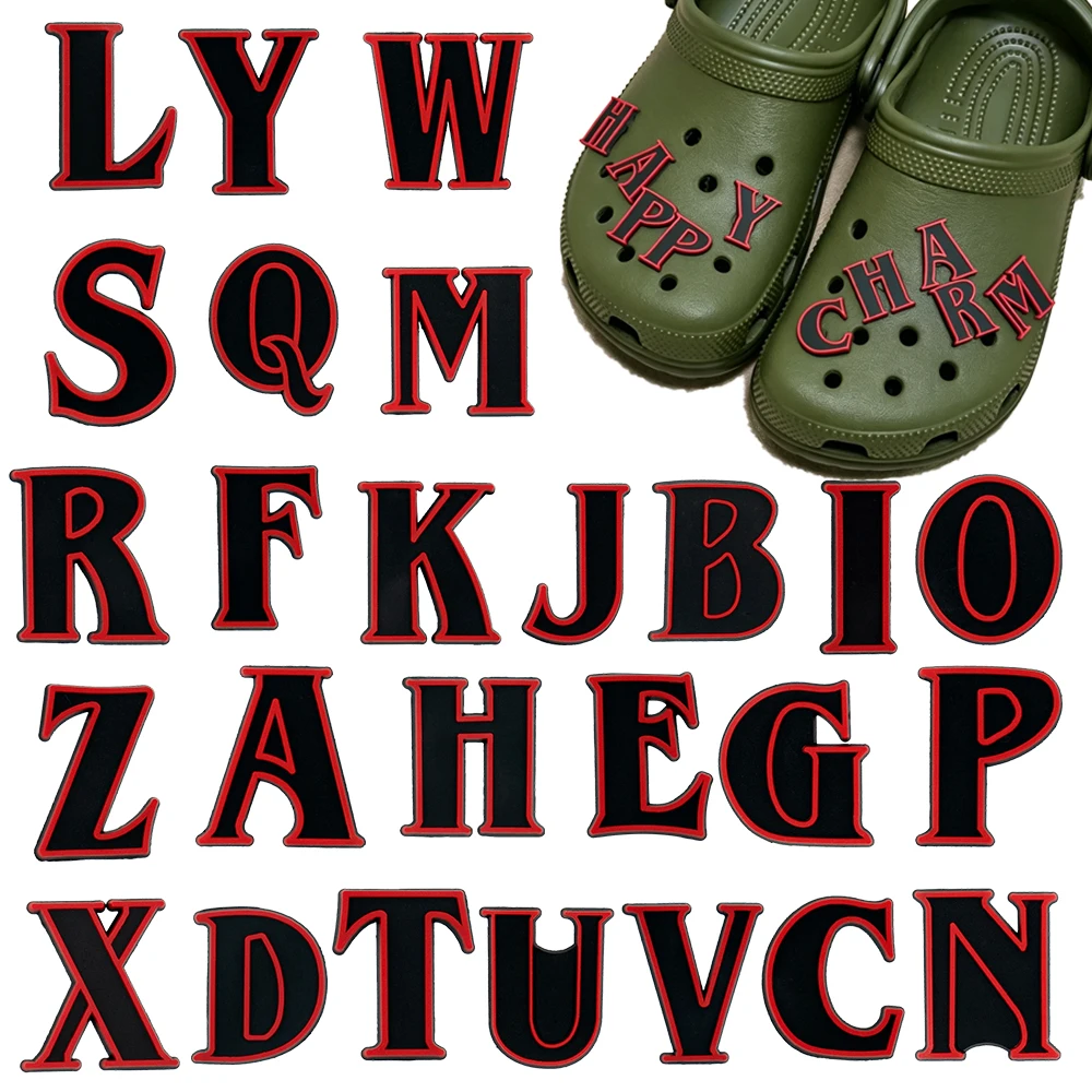 1-26pcs Black Red English Alphabet Series PVC Shoe Charms Accessories DIY Detachable Sandal Wristbands Decorations Gifts