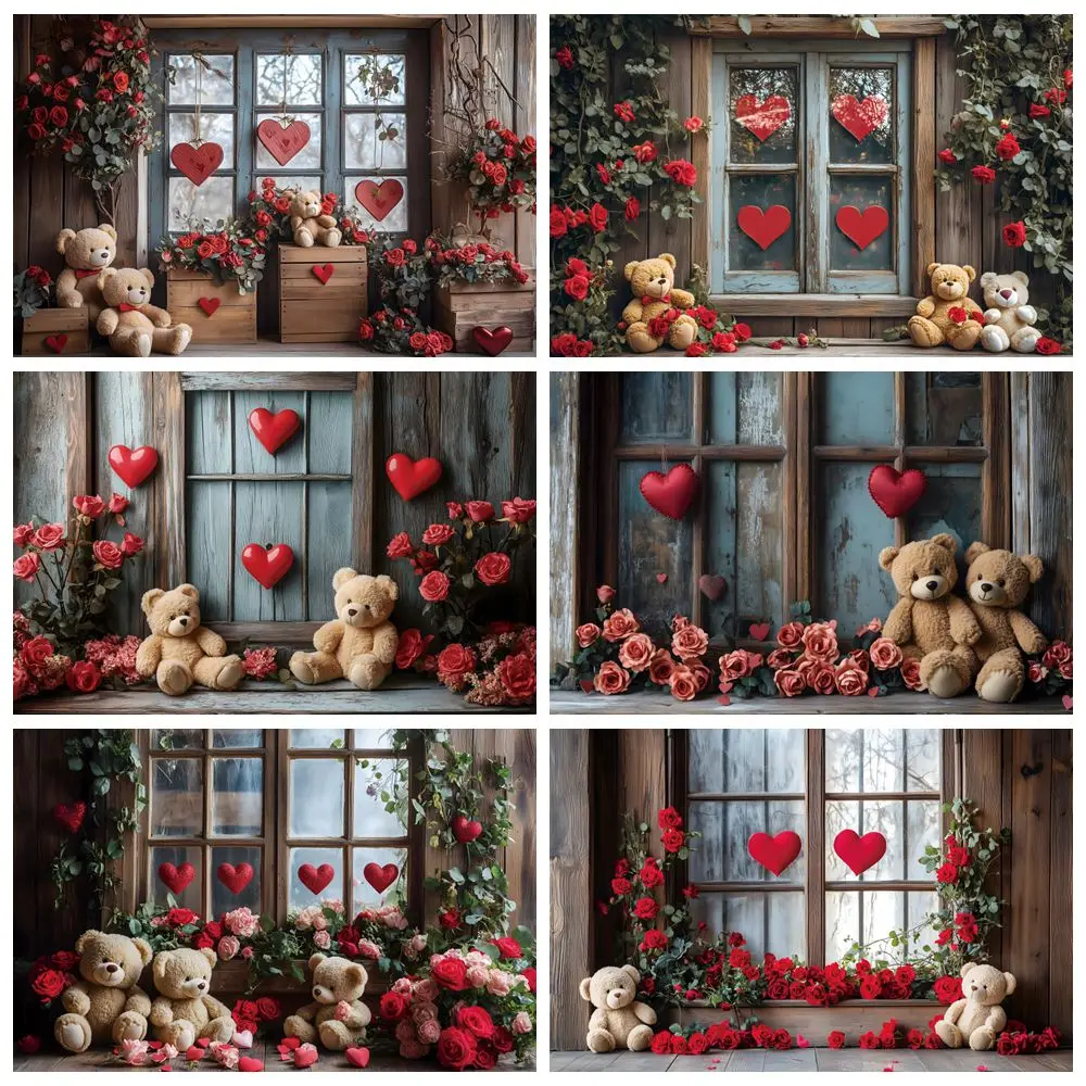 

Valentine's Day Flowers Toy Bear Wood Window Backdrop February 14th Indoor Party Decor Photography Background Banner Photostudio