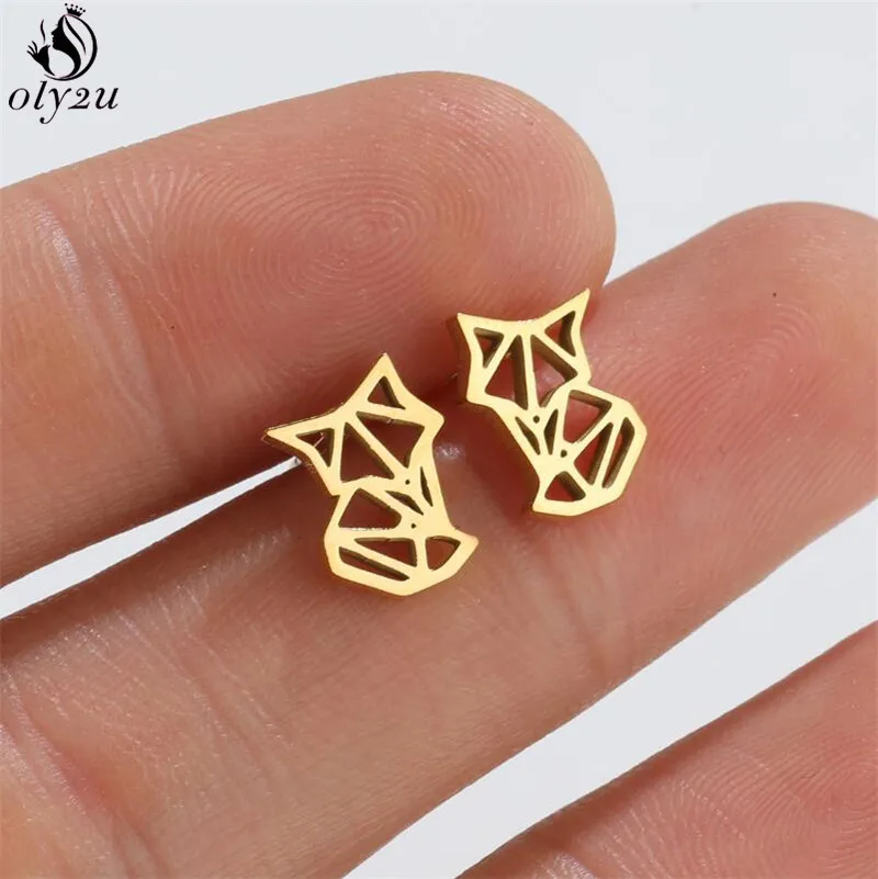 Cute Stainless Steel Cat Earrings for Women Mini Origami Fox Earings Fashion Jewelry Black Animal Earring Accessories Child Gift