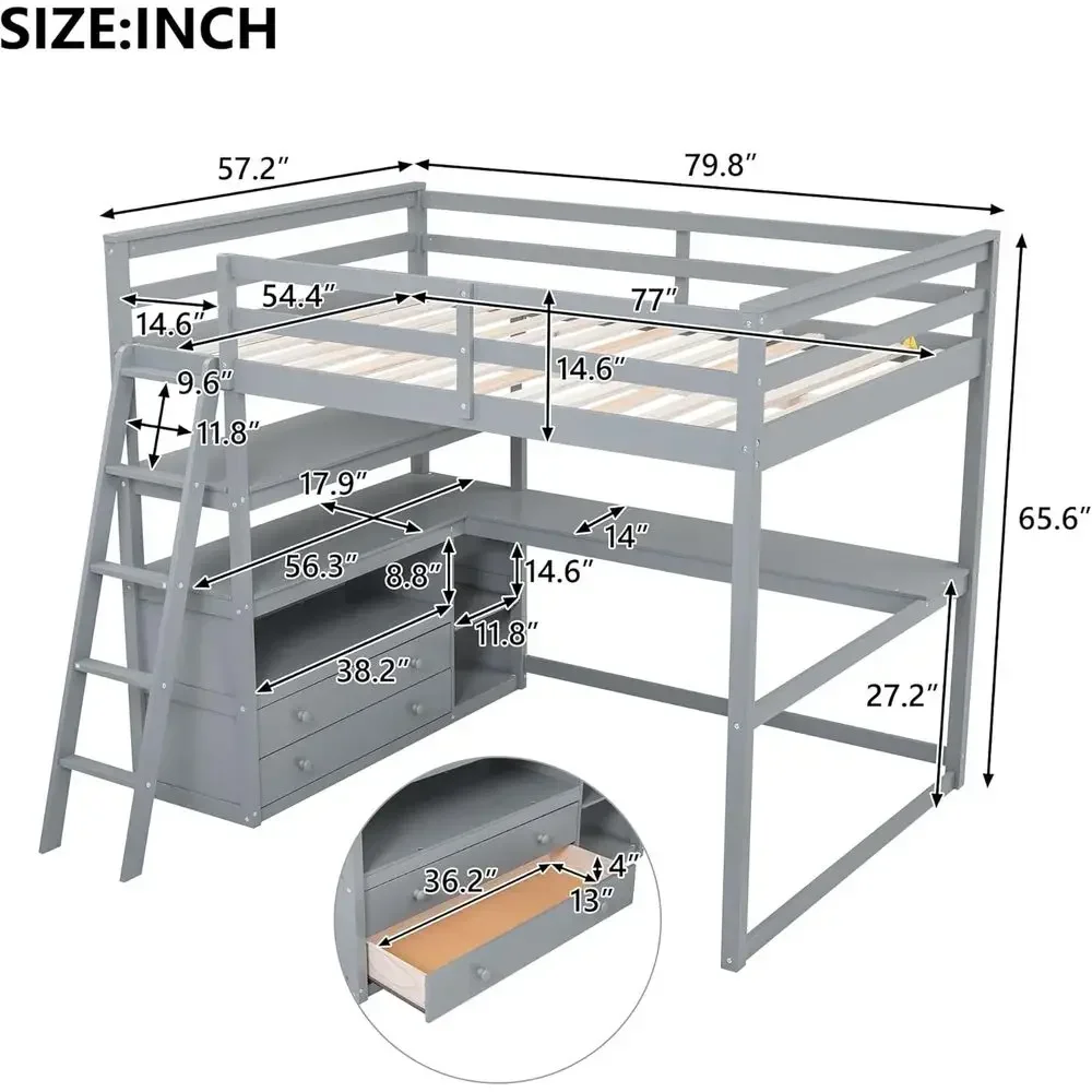 Space-Saving Wood Loft Bed with Desk and Shelves, Suitable for Kids, Teens, and Adults, Grey
