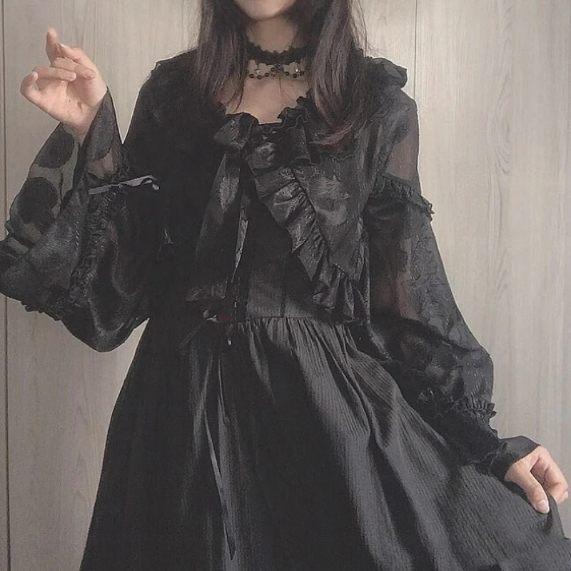 Kawaii Lolita Style Chiffon Blouse Women Elegant Ruffles Bandage Shirts Sweet Lantern Sleeve Loose Crop Tops Casual Blusas Mujer