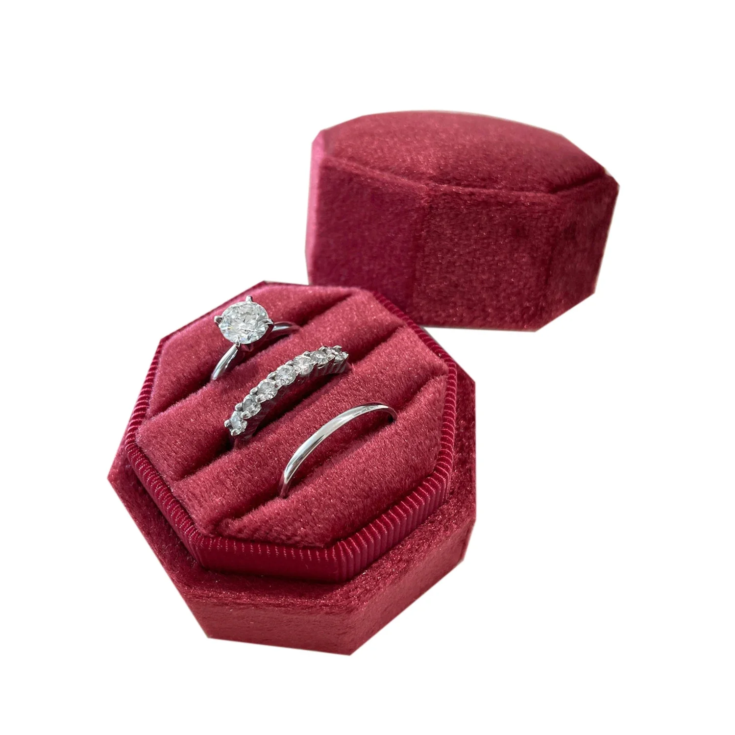 Octagon Velvet Jewelry Box Muti Color Three Slots Double Ring Storage Case Wedding Ring Display for Woman Gift Earrings Package