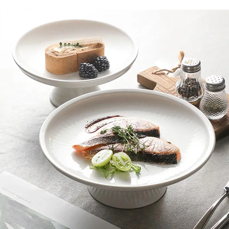 

Round High Foot Fruit Tray Ceramic Snacks Dessert Plate Home Solid Color Tableware Bread Cake Display Plates Kitchen Accessories
