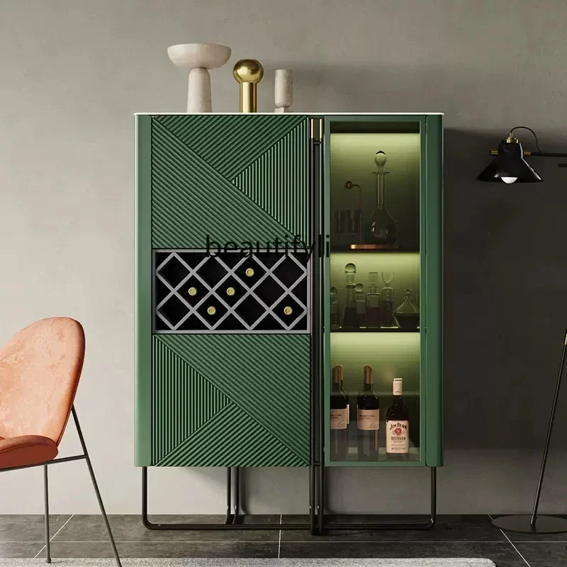 

57 Italian style, green, white and black, modern simplicity and light luxury, living room, rock slab wine cabinet