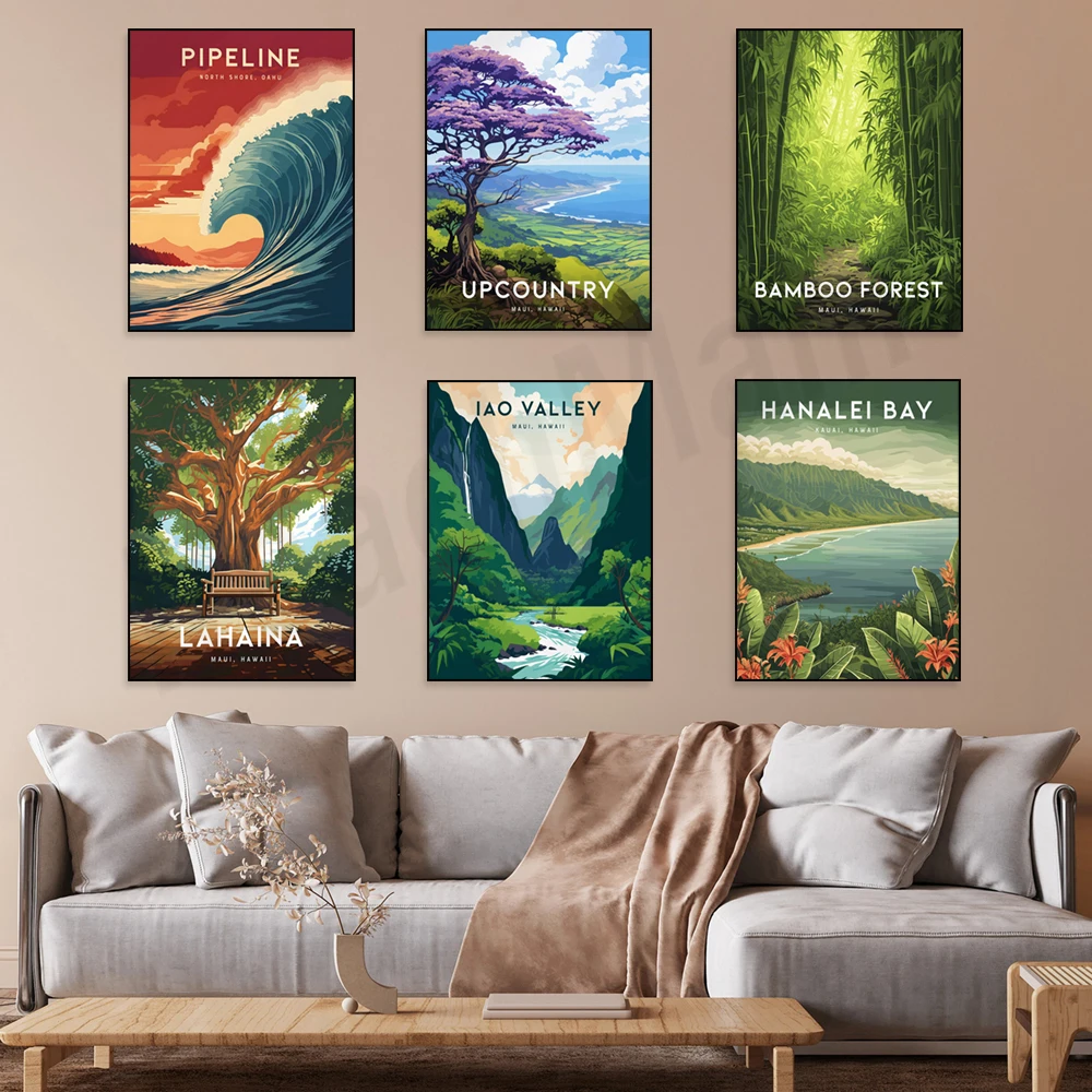 Iao Valley Needle, Manoa Falls, Hanalei Bay, Kauai, Oahu, Lahaina, Maui, Hawaii, Kula Vineyards, Manoa Falls travel poster