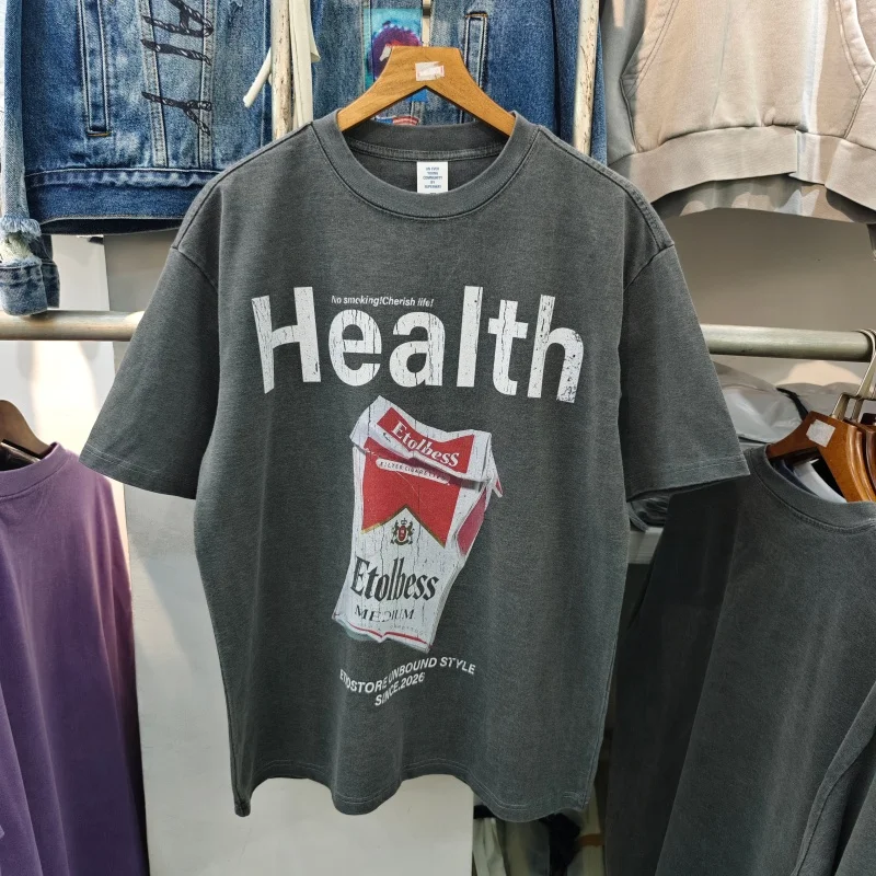 Vintage Washed T-Shirt Men Purple Heavy Cotton Cigarette Pack Health Letter Oversized Street Tee
