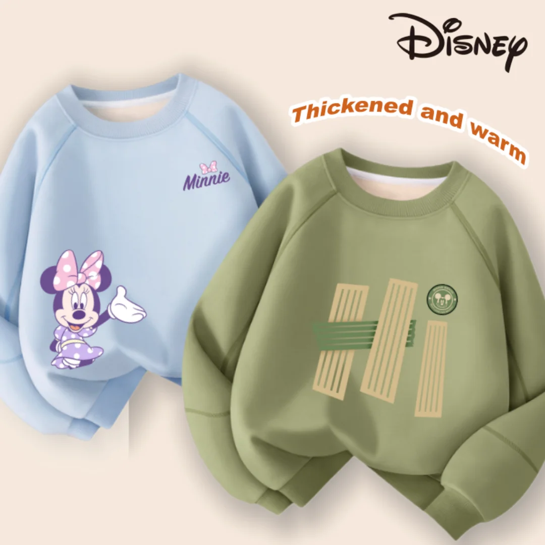 

Disney Kids Plush Liner Pullover Hoodies Winter Warm-keeping Round-neck Sweatshirt Children Mickey Minnie Windproof Pullover