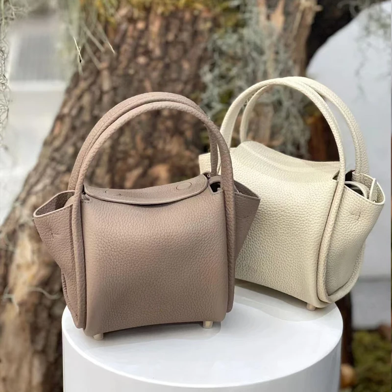 2024 Trendy Women\'s Split Leather Solid Color Handbag Casual Bucket Tote Luxury Designer Portable Crossbody Bag Purse