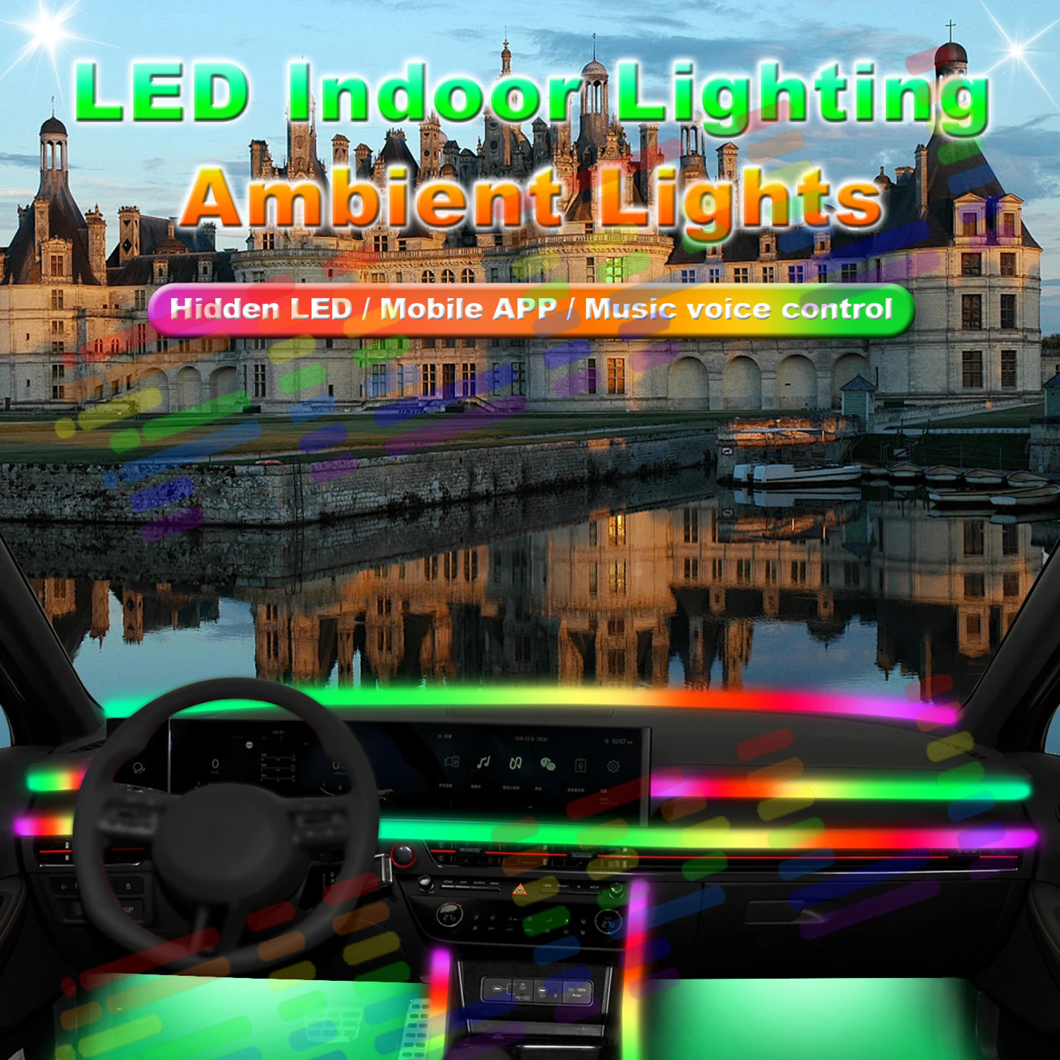 Car Rainbow Acrylic Ambient Lights 64 RGB LED Remote App Control  Auto Interior Accessories Colorful Atmosphere Lamp Strip 22in1