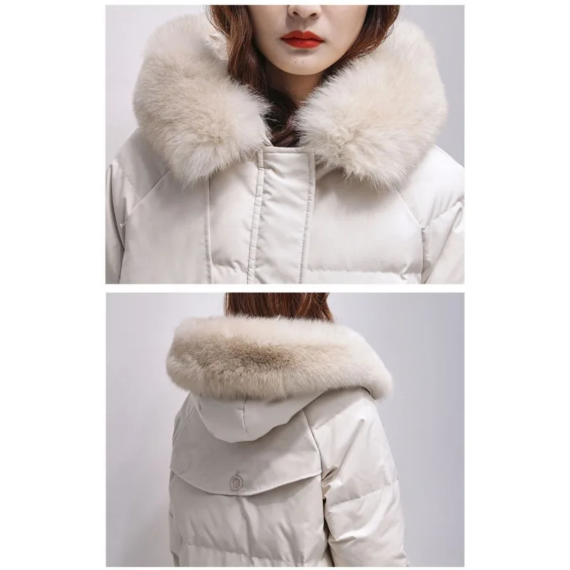 2023 New Women Down Jacket Winter Hooded Coat Big Fur Collar Parkas Thicken Outwear Mid Length Version Loose Fashion Overcoat