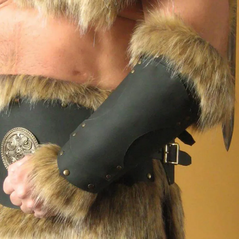 

Y Steampunk PU Leather Fur Wristguard Medieval Celtic Viking Warrior Cosplay Costume Women Riveted Arm Guard Halloween Accessory