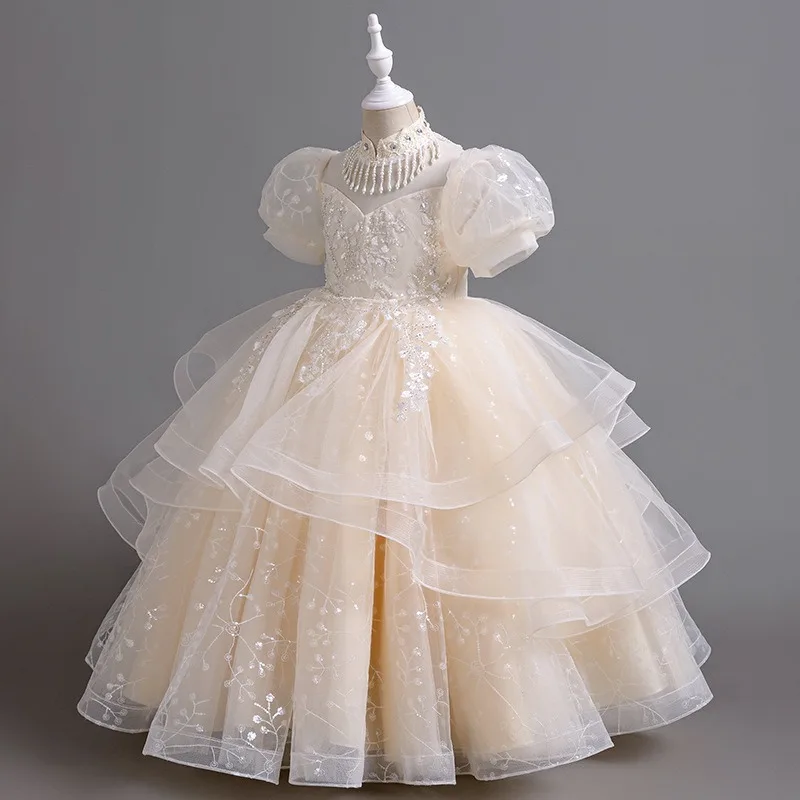 Luxury Flower Girl Elegant Party Dress Princess Sequins Beading Christmas Wedding Dress Tween Children Girl Dress Gauze Vestidos