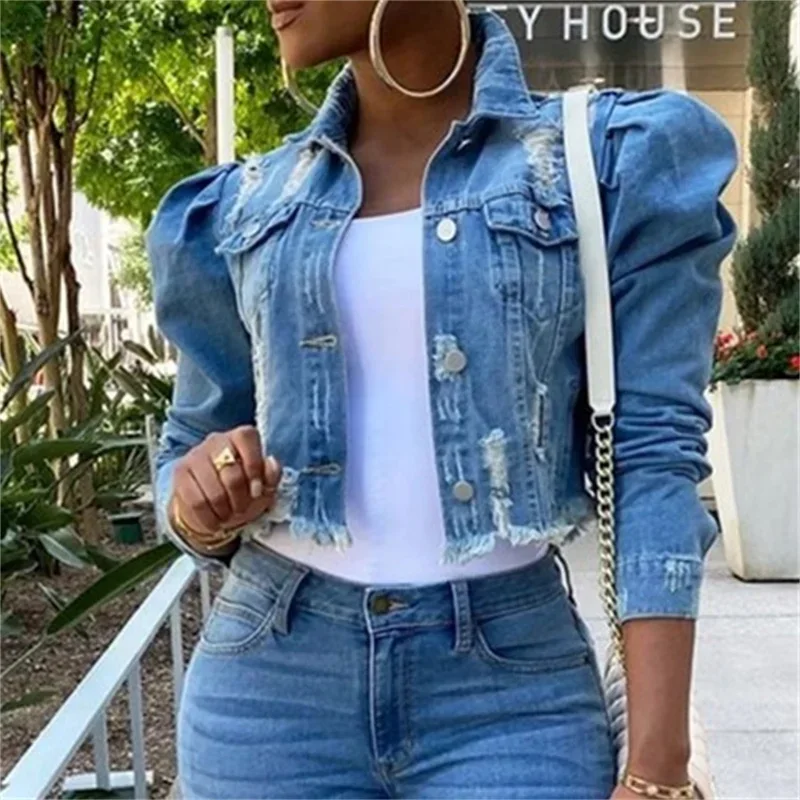 

Fashion Bubble Long Sleeve Lapel Button Splicing Denim Jacket Female Broken Holes Tassel Outerwear Trend Streetwear Women's Coat